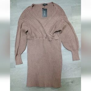 Zilcremo Tan Taupe V Neck Soft Sweater Dress Stretch Off Shoulder Size Large